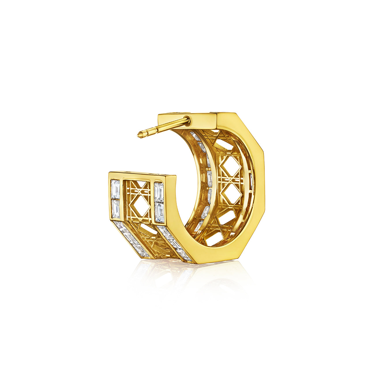 MoAnA LUU Doudou hoop earrings with baguette diamonds in 18K yellow gold, featuring an octagonal geometric openwork design with central diamond and pavé diamond border inspired by Caribbean fish traps.