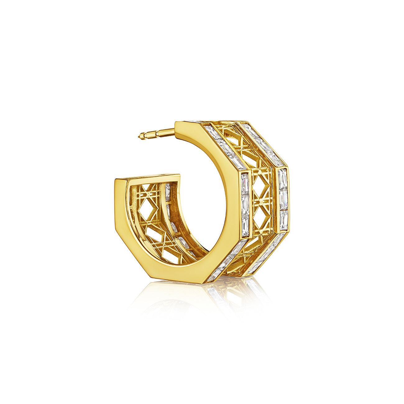 MoAnA LUU Doudou hoop earrings with baguette diamonds in 18K yellow gold, featuring an octagonal geometric openwork design with central diamond and pavé diamond border inspired by Caribbean fish traps.