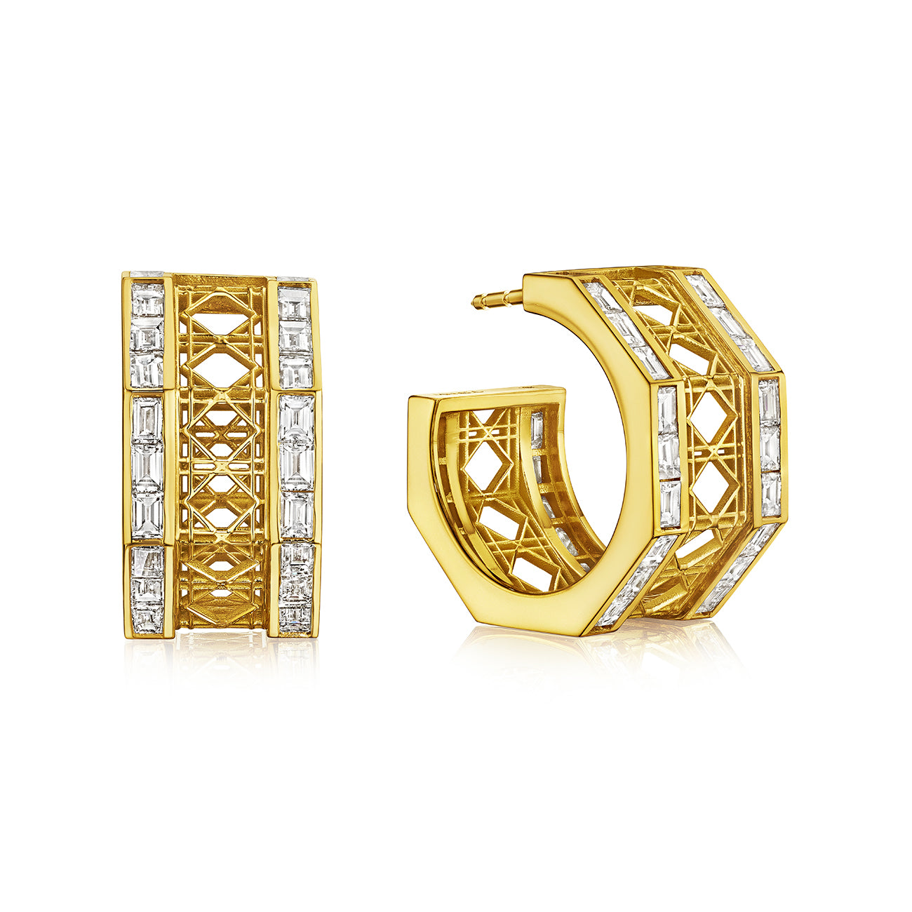MoAnA LUU Doudou hoop earrings with baguette diamonds in 18K yellow gold, featuring an octagonal geometric openwork design with central diamond and pavé diamond border inspired by Caribbean fish traps.