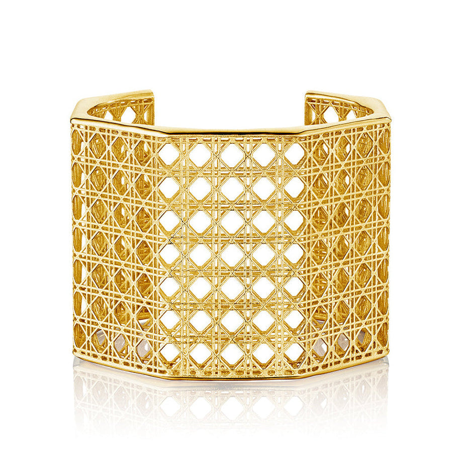 MoAnA LUU Doudou Maxi cuff bracelet  in 18K yellow gold, featuring an intricate woven openwork design inspired by Caribbean fish traps.