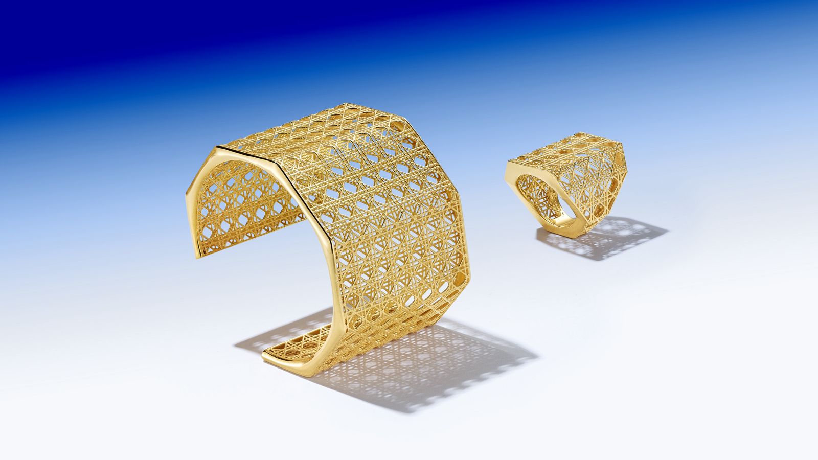 MoAnA LUU Doudou maxi cuff bracelet and maxi ring featuring a cane-woven work inspired by traditional Caribbean fish traps, reflecting the house’s vision of Creole-inspired fine jewelry crafted in New York.