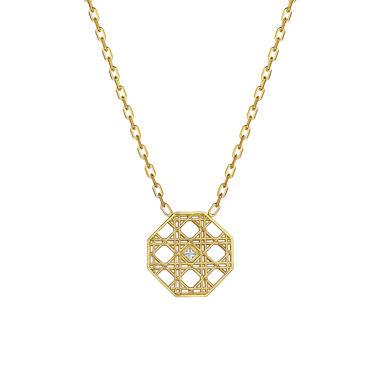 MoAnA LUU Doudou pendant necklace in 18K yellow gold, featuring an octagonal geometric openwork design with central diamond inspired by Caribbean fish traps.