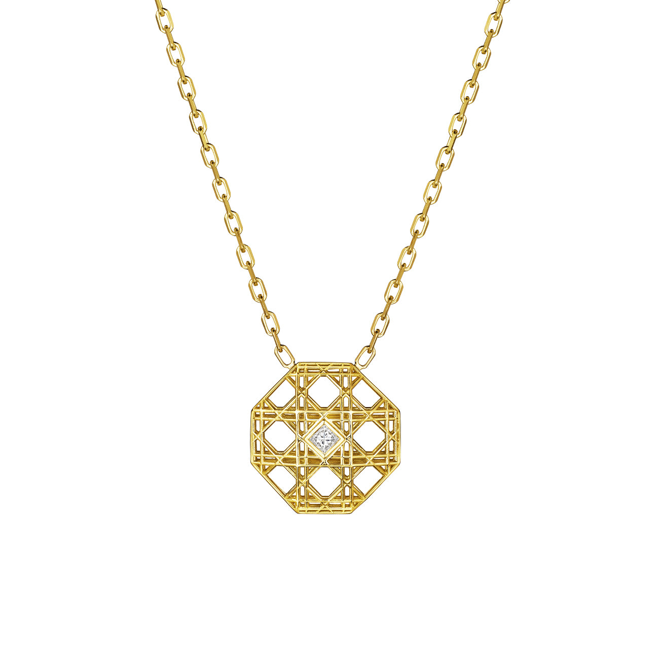 MoAnA LUU Doudou pendant necklace in 18K yellow gold, featuring an octagonal geometric openwork design with central diamond inspired by Caribbean fish traps.