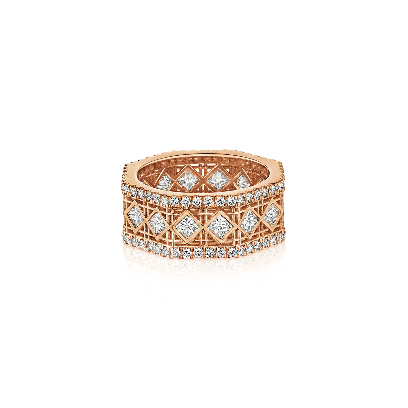 MoAnA LUU Doudou wide band ring in 18K rose gold, featuring pavé and princess-cut diamonds in an intricate woven openwork design inspired by Caribbean fish traps.