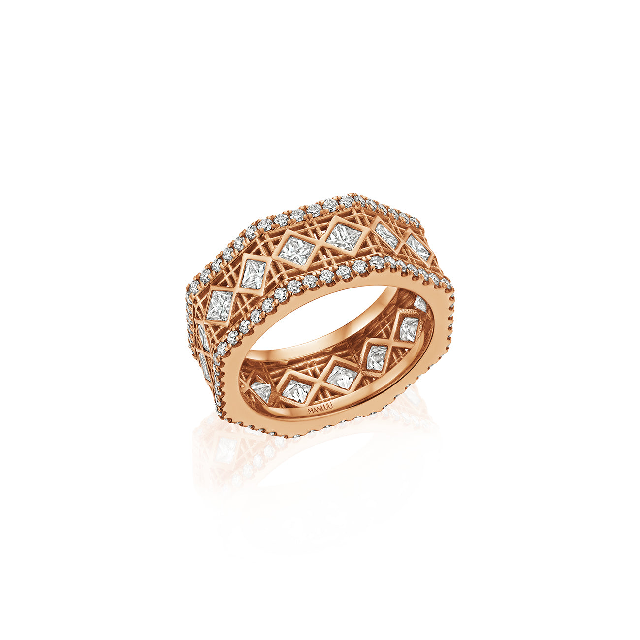MoAnA LUU Doudou wide band ring in 18K rose gold, featuring pavé and princess-cut diamonds in an intricate woven openwork design inspired by Caribbean fish traps.