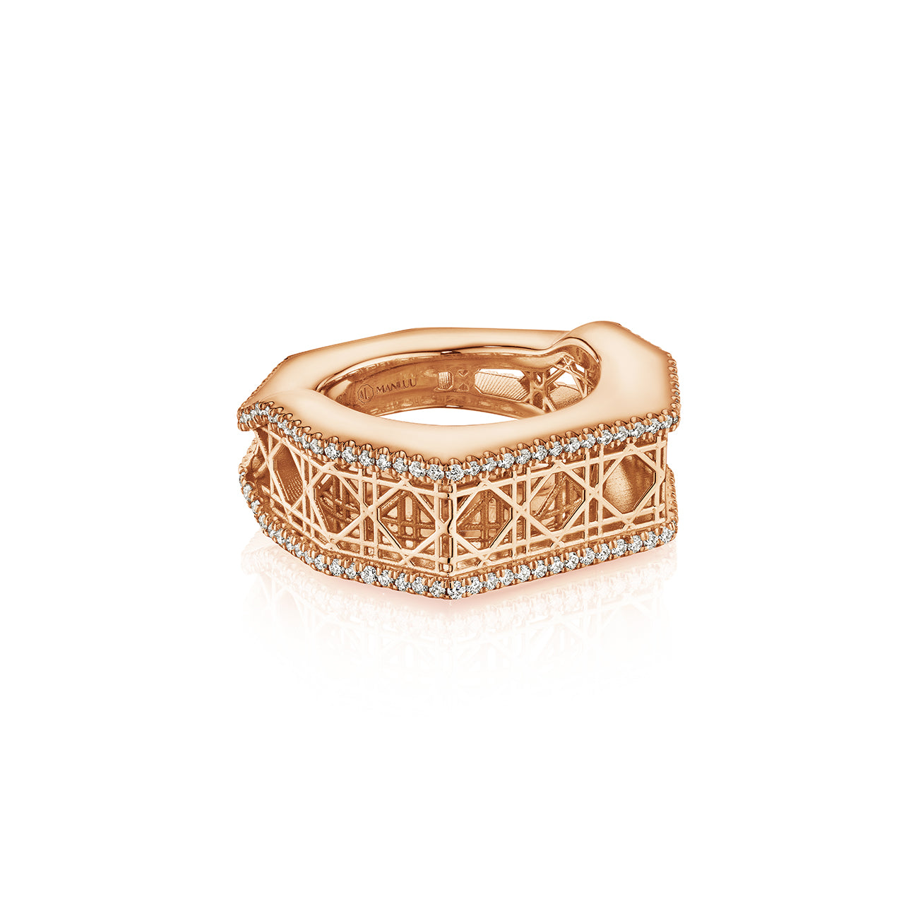 MoAnA LUU Doudou narrow ring in 18K rose gold, featuring pavé diamonds in an intricate woven openwork design inspired by Caribbean fish traps.