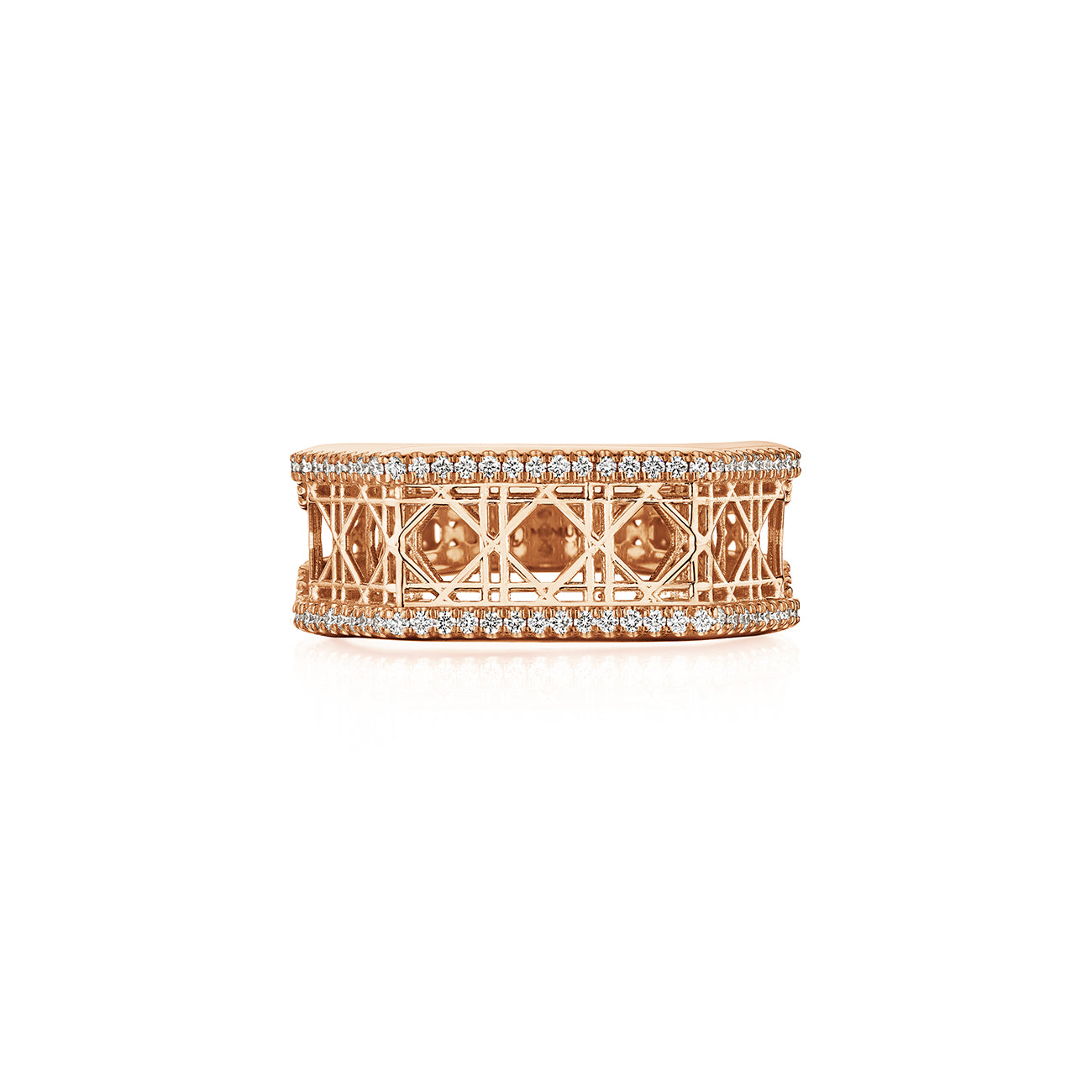 MoAnA LUU Doudou narrow ring in 18K rose gold, featuring pavé diamonds in an intricate woven openwork design inspired by Caribbean fish traps.