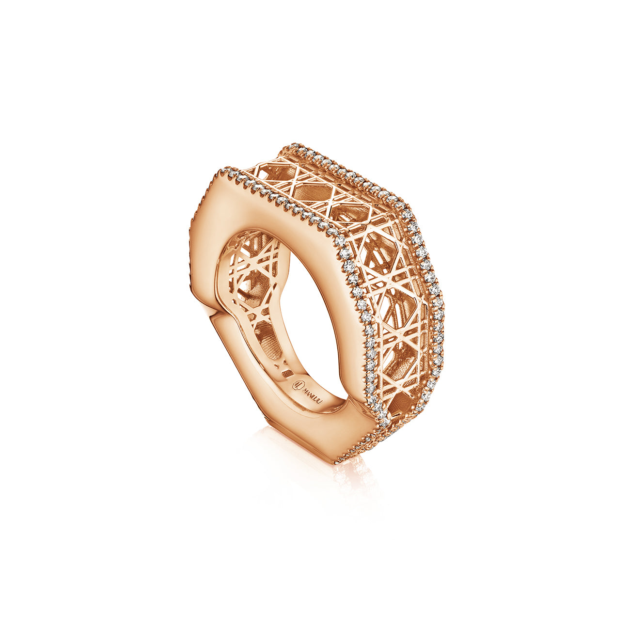 MoAnA LUU Doudou narrow ring in 18K rose gold, featuring pavé diamonds in an intricate woven openwork design inspired by Caribbean fish traps.