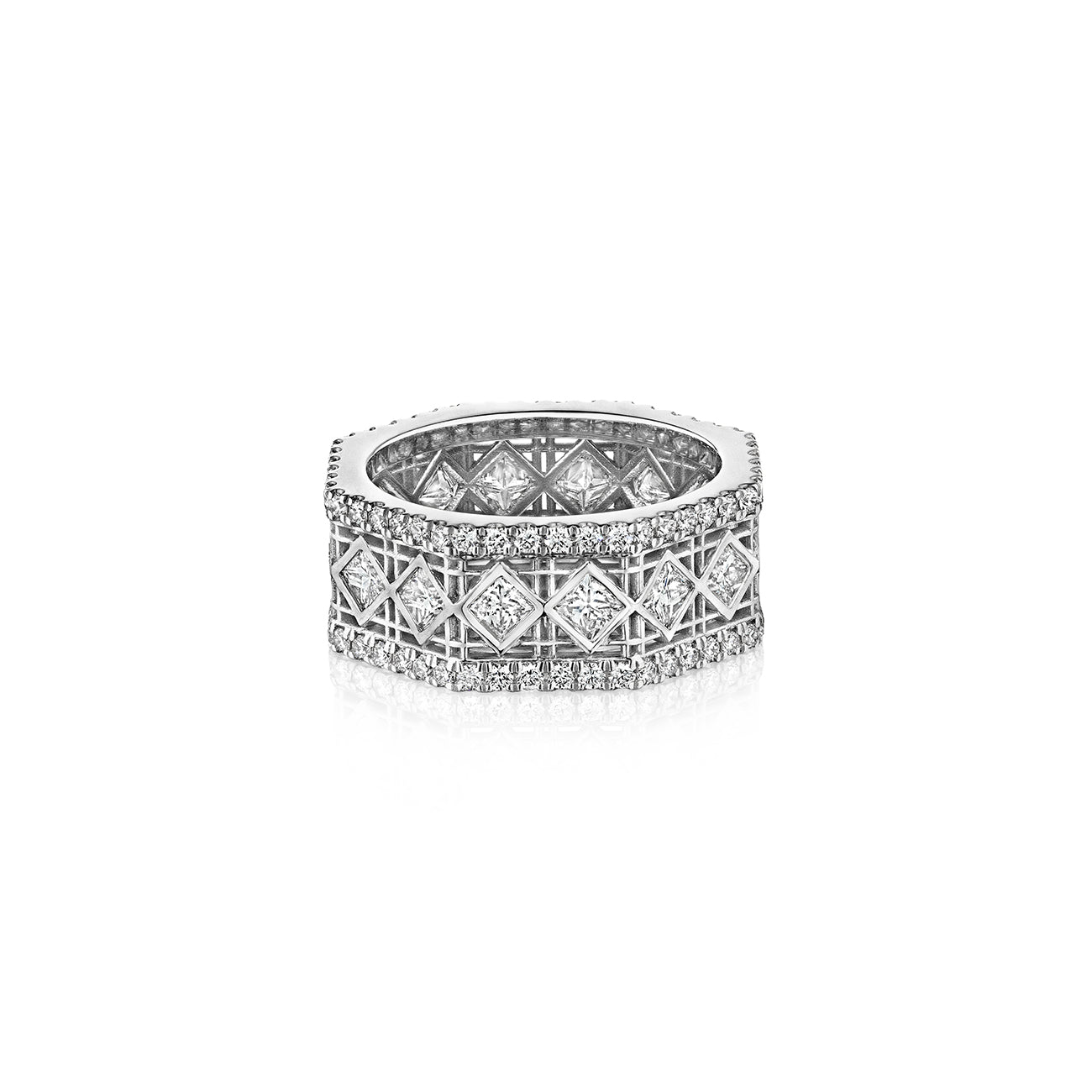 MoAnA LUU Doudou wide band ring in 18K white gold, featuring pavé and princess-cut diamonds in an intricate woven openwork design inspired by Caribbean fish traps.