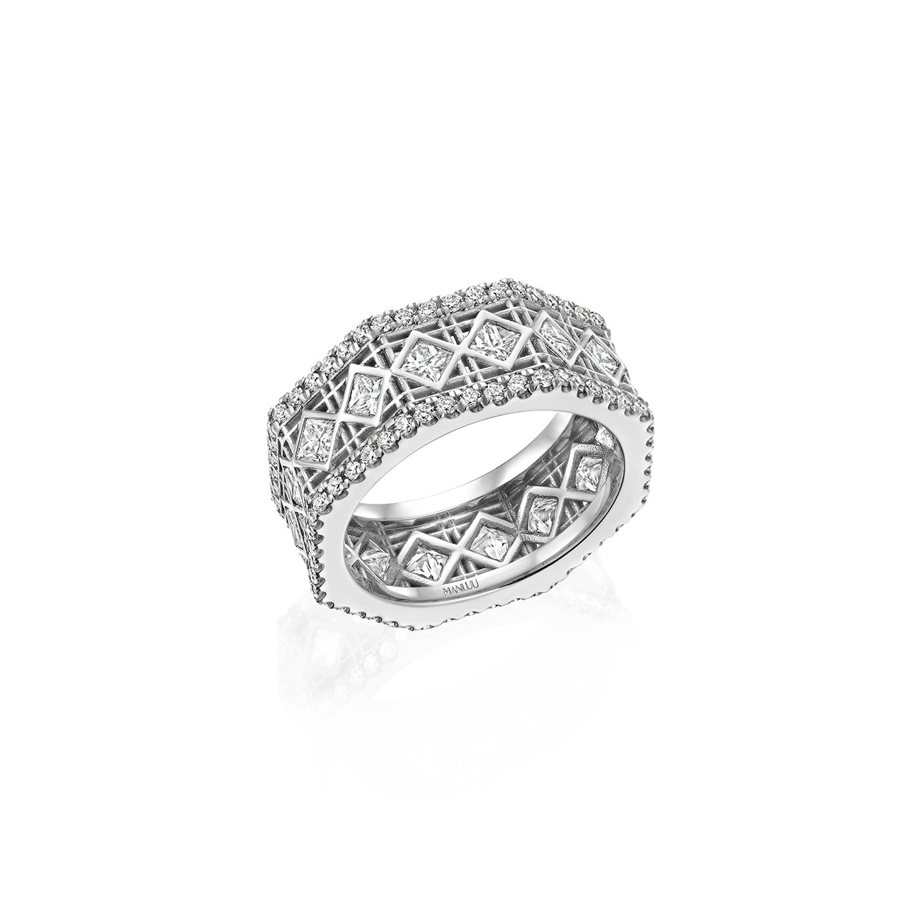 MoAnA LUU Doudou wide band ring in 18K white gold, featuring pavé and princess-cut diamonds in an intricate woven openwork design inspired by Caribbean fish traps.
