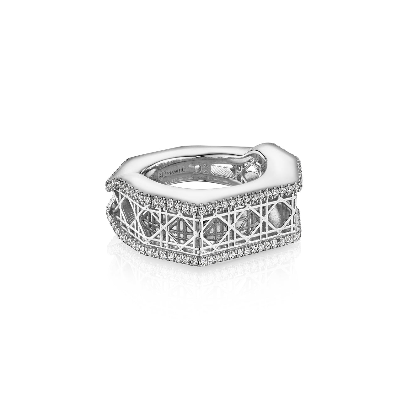 MoAnA LUU Doudou narrow ring in 18K white gold, featuring pavé diamonds in an intricate woven openwork design inspired by Caribbean fish traps.