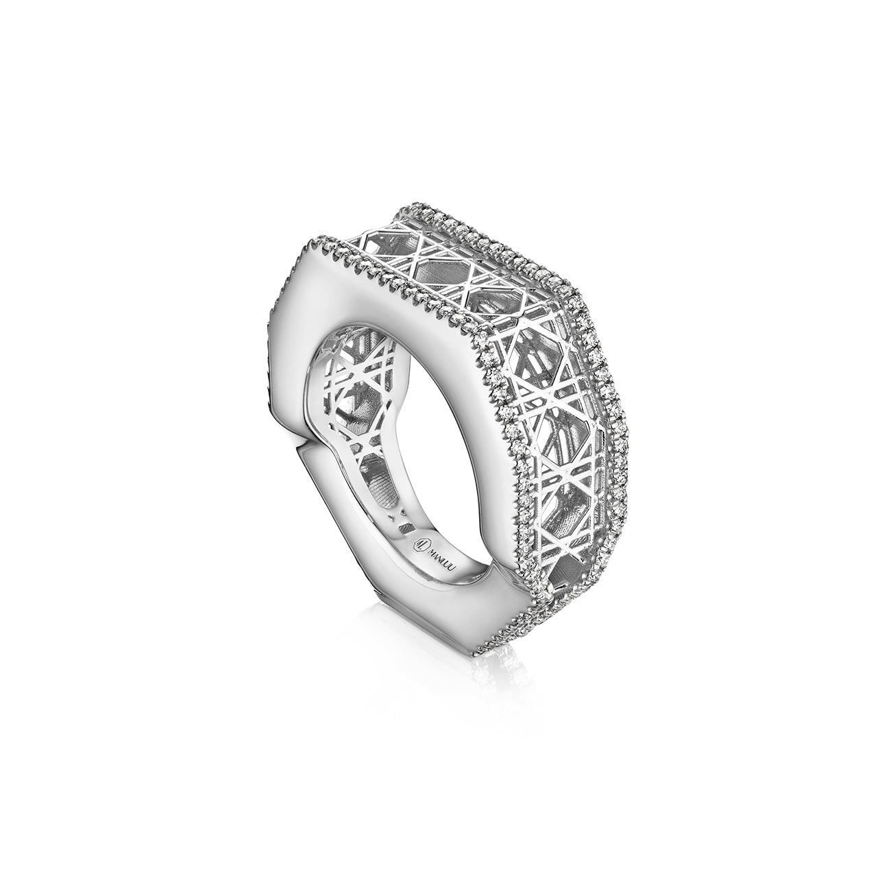 MoAnA LUU Doudou narrow ring in 18K white gold, featuring pavé diamonds in an intricate woven openwork design inspired by Caribbean fish traps.