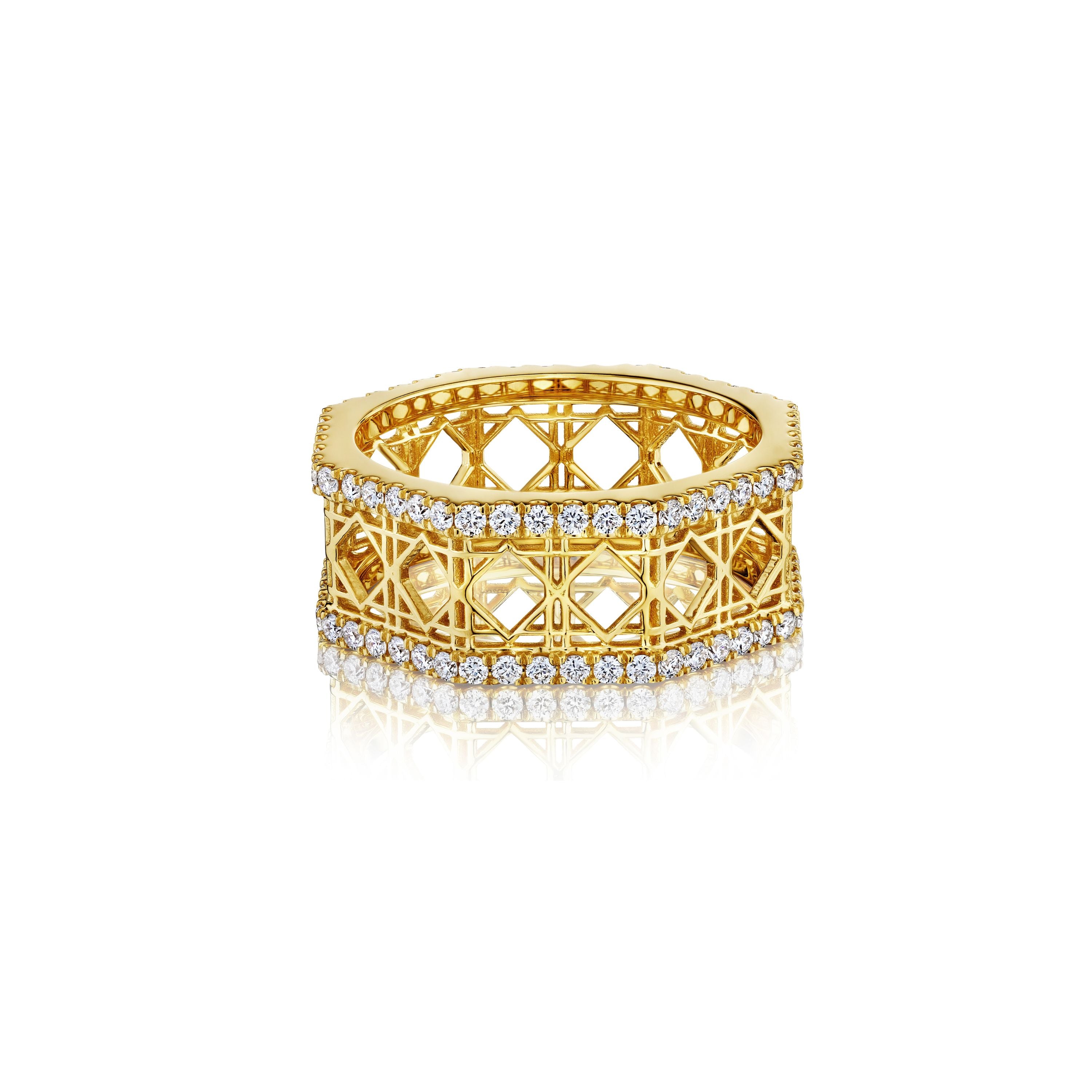 MoAnA LUU Doudou band ring in 18K yellow gold, featuring pavé diamonds in an intricate woven openwork design inspired by Caribbean fish traps.