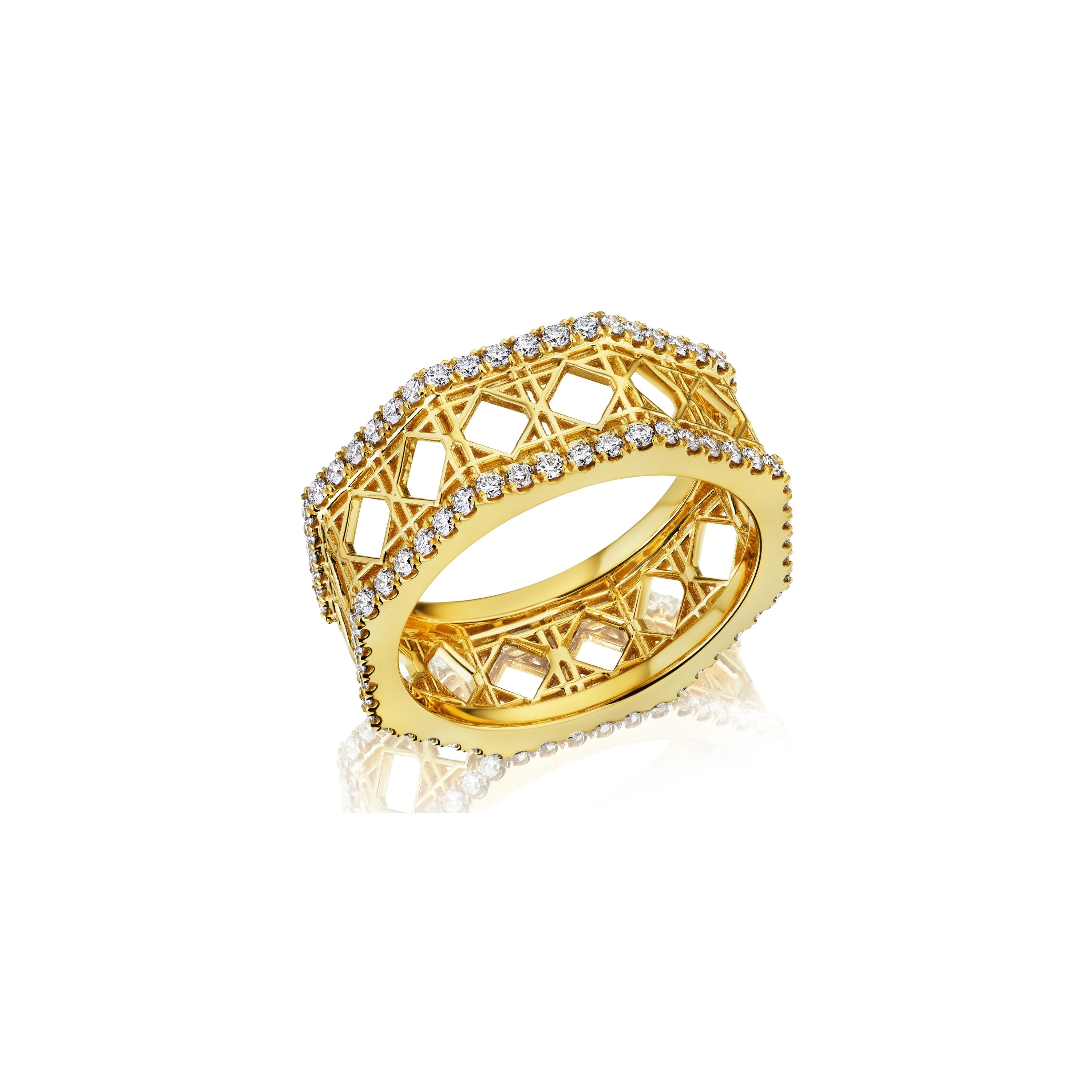 MoAnA LUU Doudou band ring in 18K yellow gold, featuring pavé diamonds in an intricate woven openwork design inspired by Caribbean fish traps.