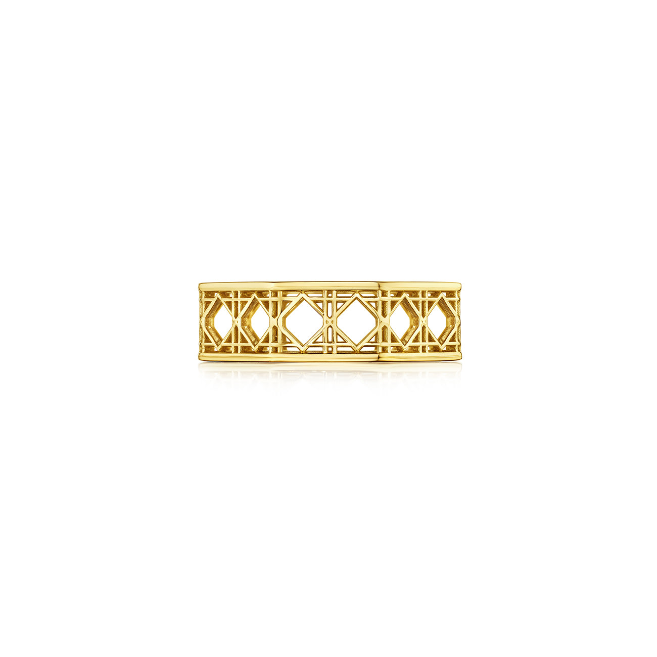 MoAnA LUU Doudou band ring in 18K yellow gold, featuring an intricate woven openwork design inspired by Caribbean fish traps.