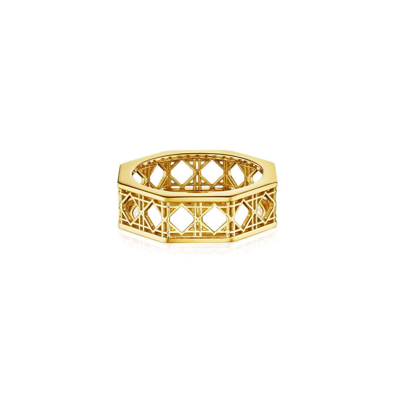 MoAnA LUU Doudou band ring in 18K yellow gold, featuring an intricate woven openwork design inspired by Caribbean fish traps.