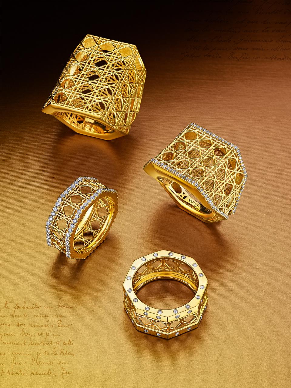 MoAnA LUU Doudou maxi, wide and band rings in 18K gold and diamonds featuring a cane-woven work inspired by traditional Caribbean fish traps, reflecting the house’s vision of Creole-inspired fine jewelry crafted in New York.