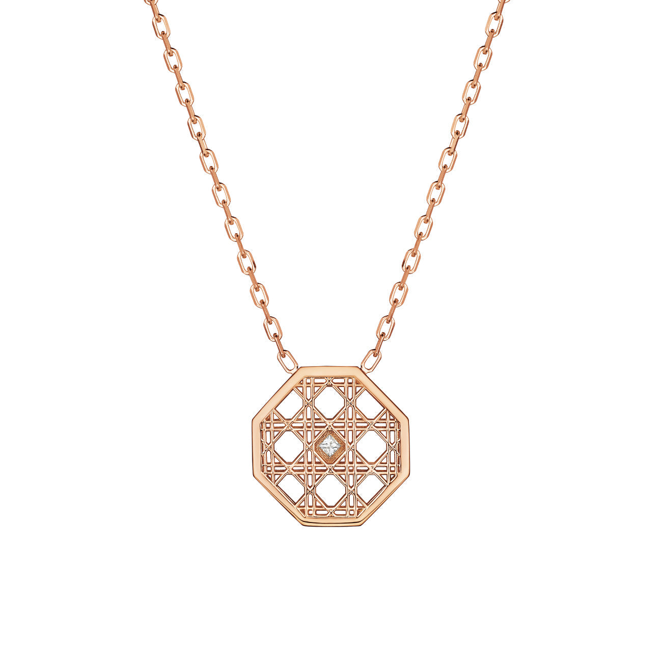 MoAnA LUU Doudou pendant necklace in 18K rose gold, featuring an octagonal geometric openwork design with central diamond and pavé diamond border inspired by Caribbean fish traps.