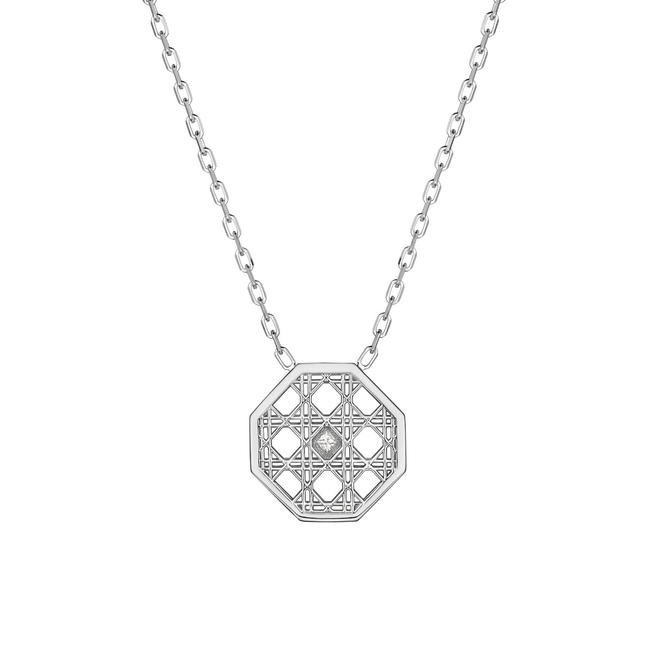 MoAnA LUU Doudou pendant necklace in 18K white gold, featuring an octagonal geometric openwork design with central diamond and pavé diamond border inspired by Caribbean fish traps.