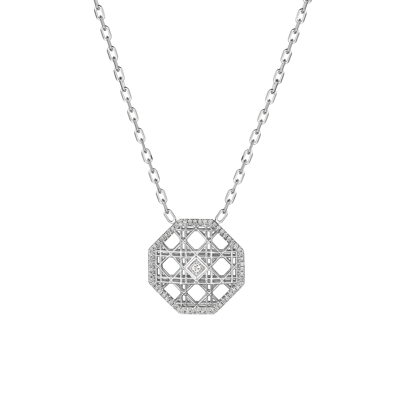 MoAnA LUU Doudou pendant necklace in 18K white gold, featuring an octagonal geometric openwork design with central diamond and pavé diamond border inspired by Caribbean fish traps.