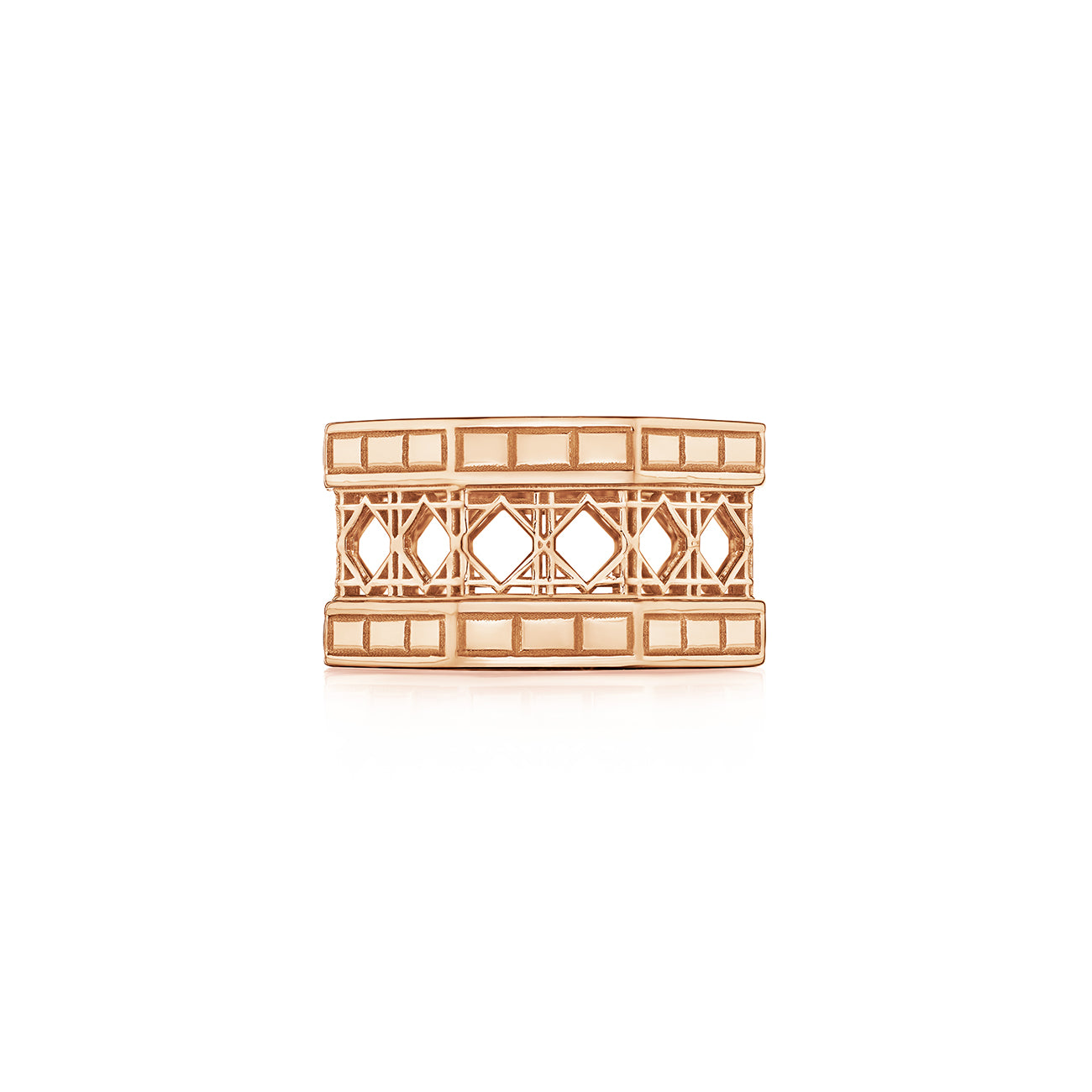 MoAnA LUU Doudou wide band ring in 18K rose gold, featuring intricate geometric openwork  cane design inspired by Caribbean fish traps.