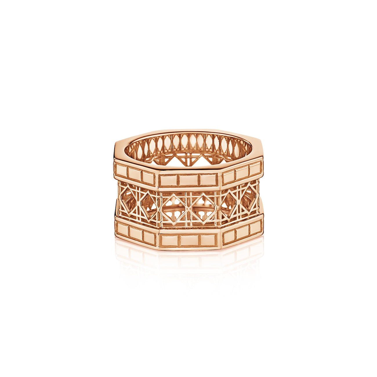 MoAnA LUU Doudou wide band ring in 18K rose gold, featuring intricate geometric openwork  cane design inspired by Caribbean fish traps.