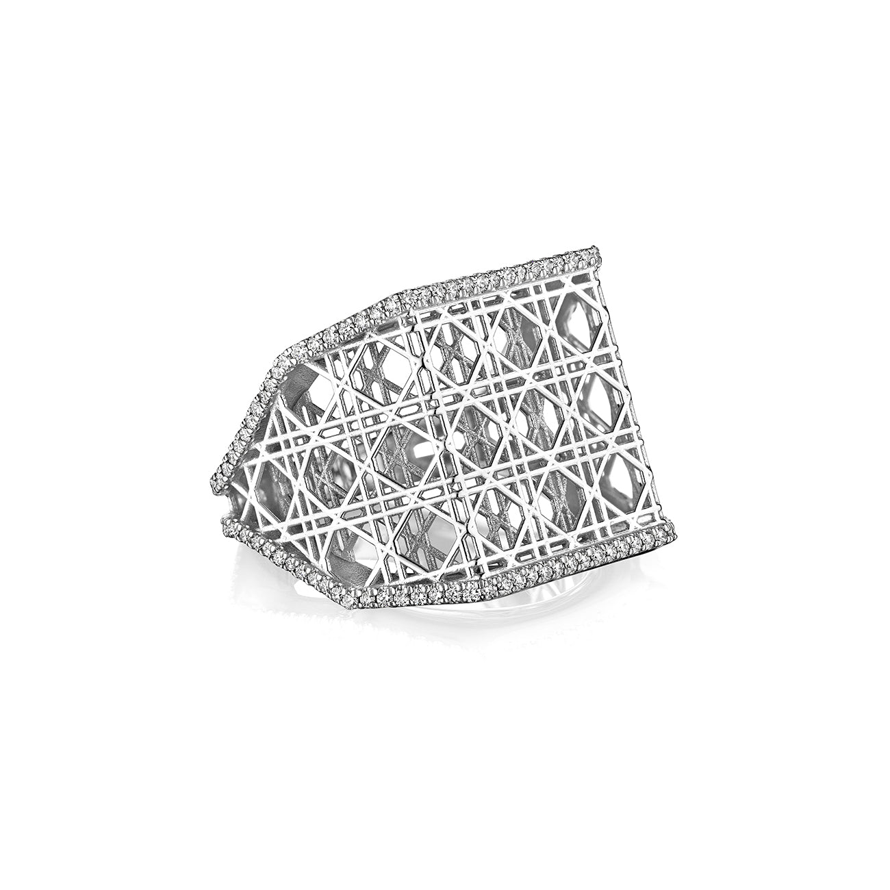 MoAnA LUU Doudou wide band ring in 18K white gold, featuring intricate geometric openwork  cane design inspired by Caribbean fish traps.