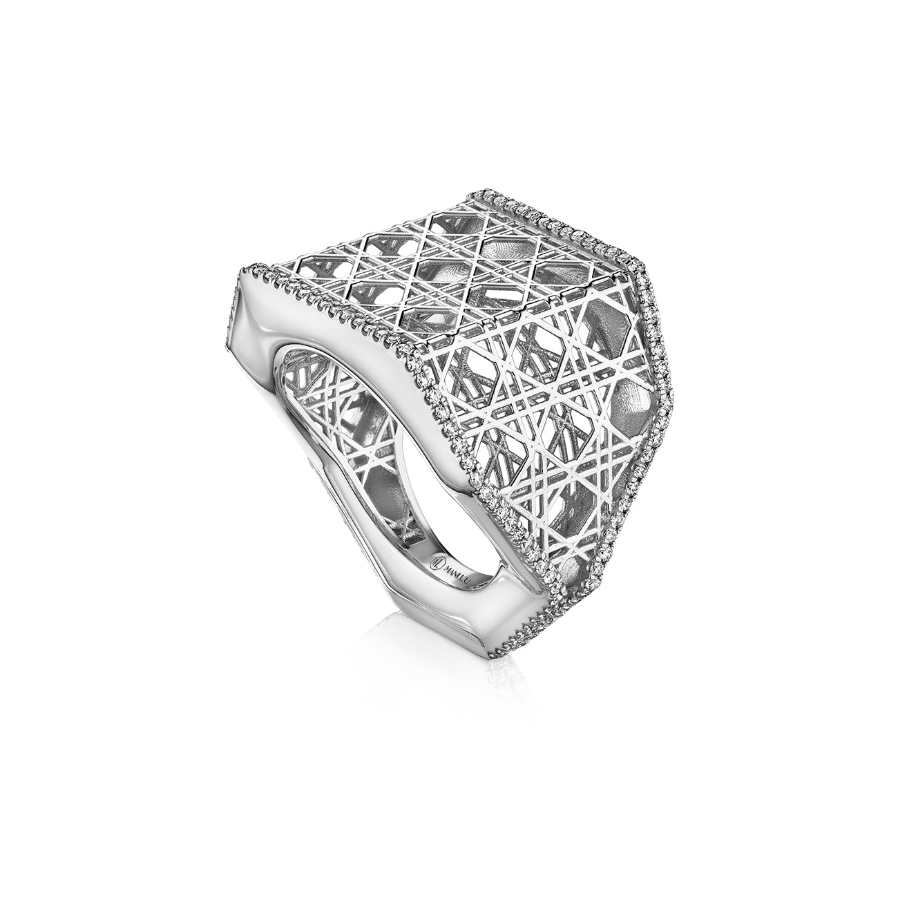 MoAnA LUU Doudou wide band ring in 18K white gold, featuring intricate geometric openwork  cane design inspired by Caribbean fish traps.