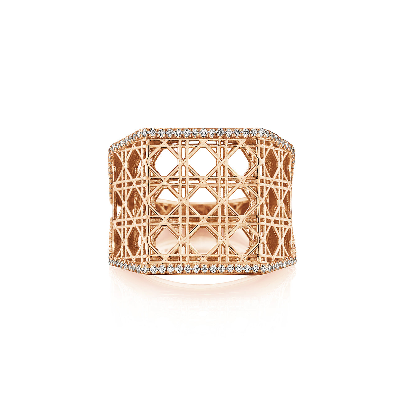 MoAnA LUU Doudou wide ring in 18K rose gold, featuring pavé diamonds in an intricate woven openwork design inspired by Caribbean fish traps.