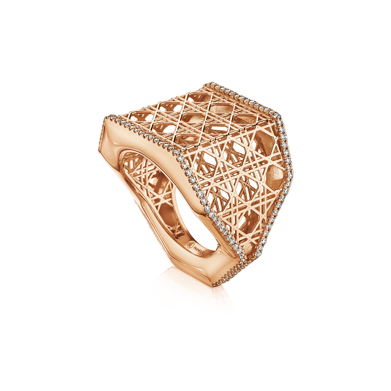 MoAnA LUU Doudou wide ring in 18K rose gold, featuring pavé diamonds in an intricate woven openwork design inspired by Caribbean fish traps.