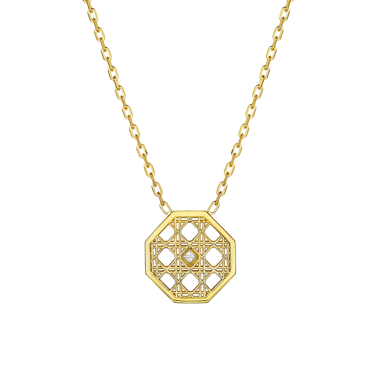 MoAnA LUU Doudou pendant necklace in 18K yellow gold, featuring an octagonal geometric openwork design with central diamond and pavé diamond border inspired by Caribbean fish traps.