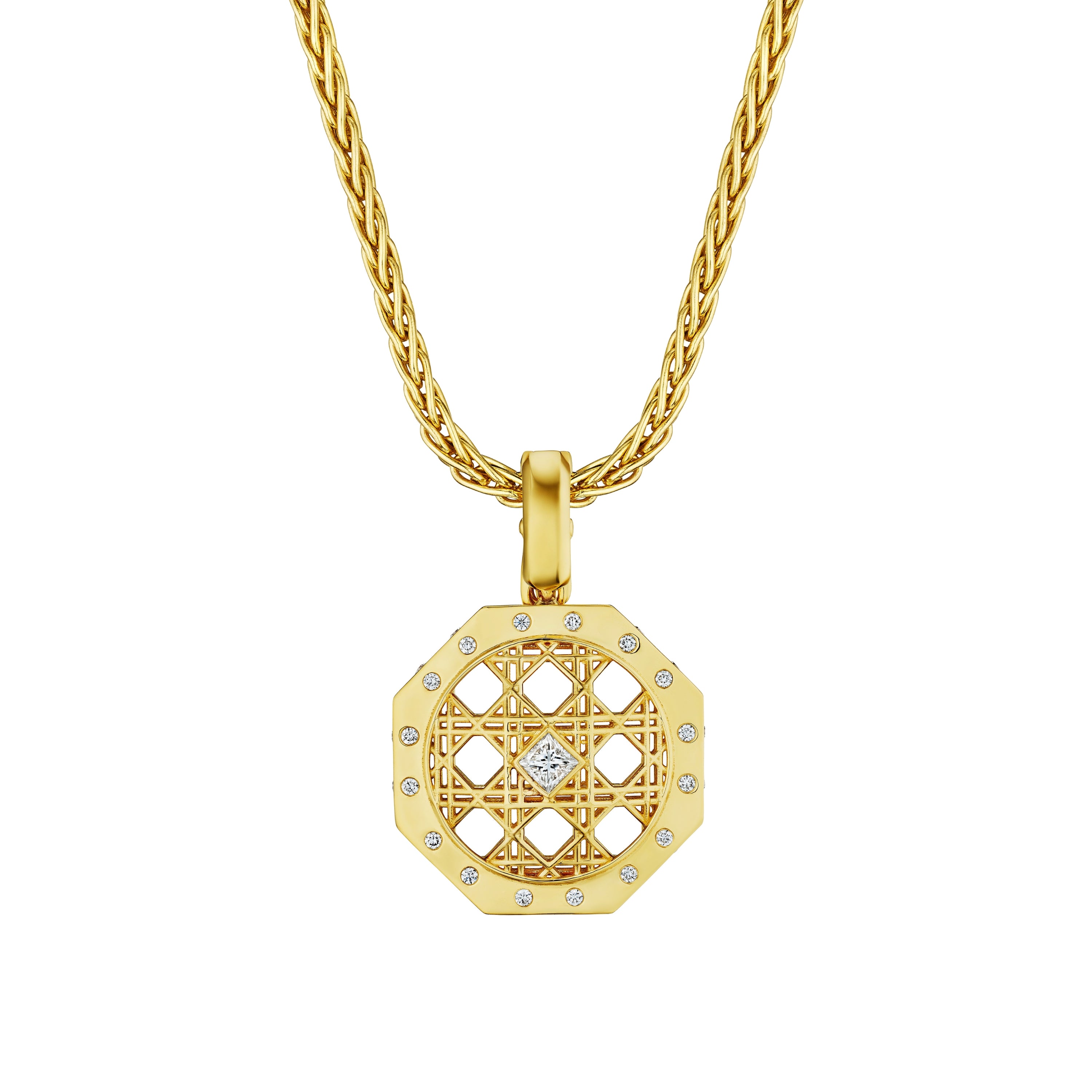 MoAnA LUU Doudou pendant with diamonds in 18K yellow gold, featuring cane-woven work inspired by traditional Caribbean fish traps, reflecting the house’s vision of Creole-inspired fine jewelry crafted in New York.
