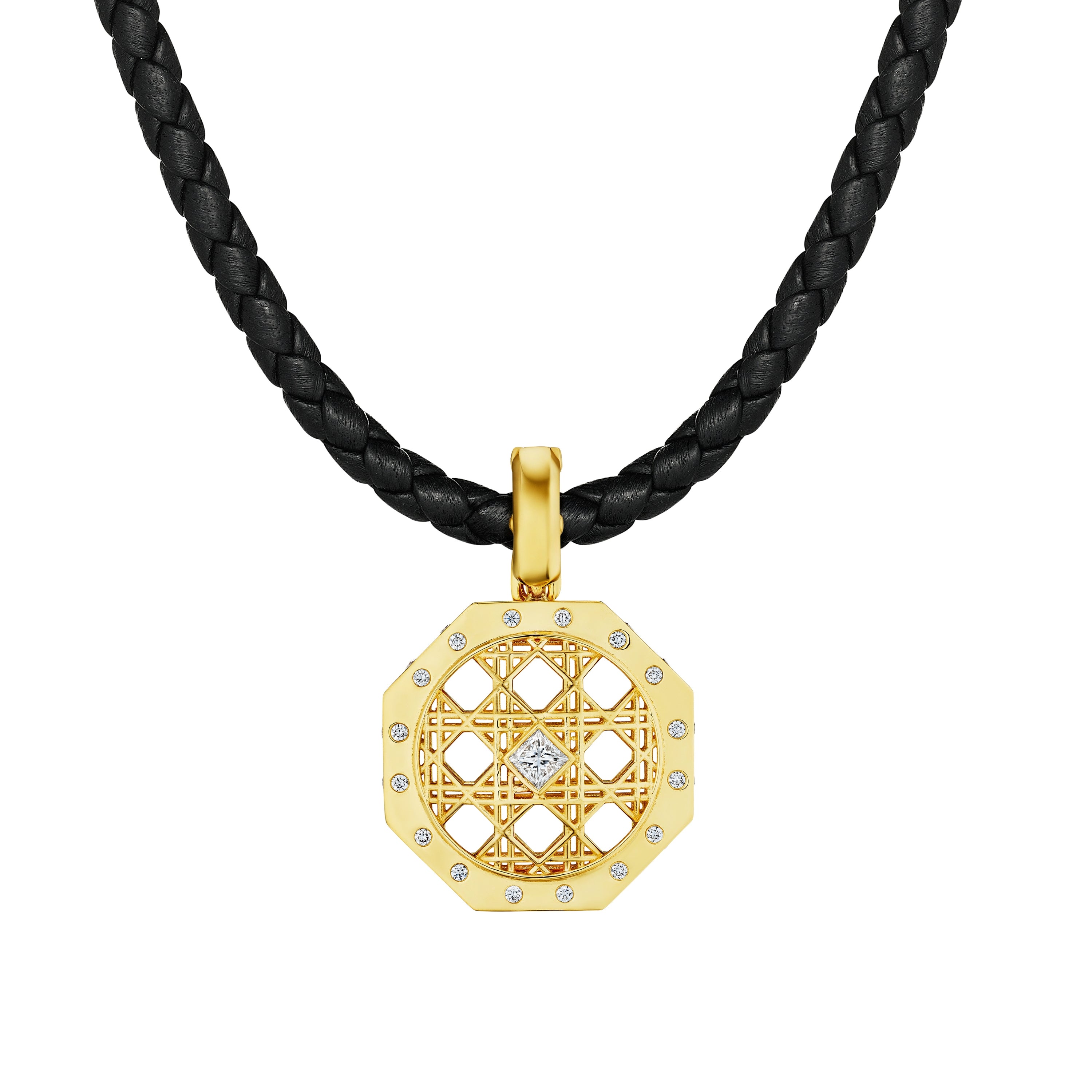 MoAnA LUU Doudou pendant with diamonds on leather cord,  in 18K yellow gold, featuring cane-woven work inspired by traditional Caribbean fish traps, reflecting the house’s vision of Creole-inspired fine jewelry crafted in New York.