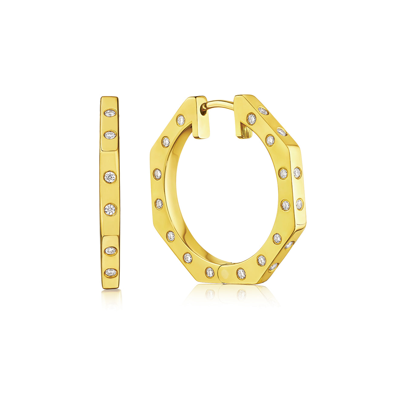 MoAnA LUU Ti hoop earrings in gold with diamond accents, featuring angular geometric design.