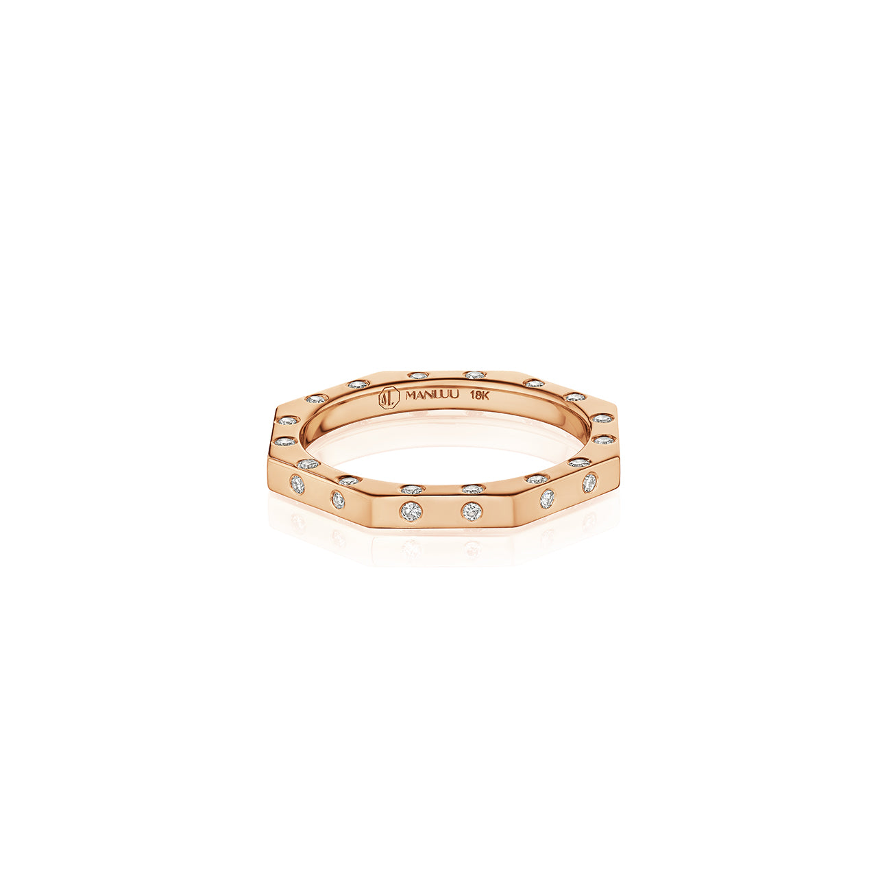 MoAnA LUU Ti ring in 18K rose gold, featuring burnished diamonds on three sides and octogonal shape. 