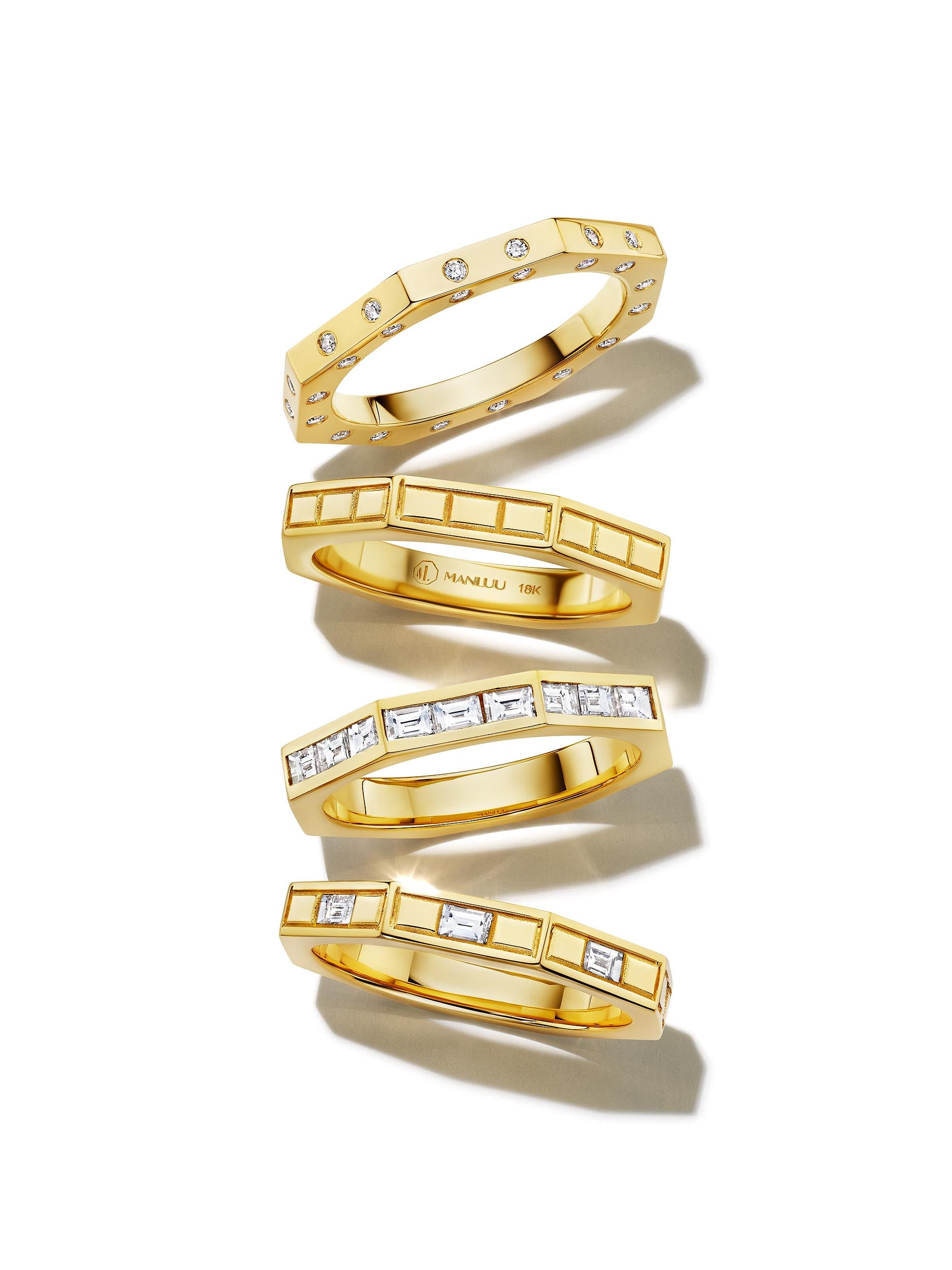 MoAnA LUU Ti collection in 18K gold with burnished diamonds and baguette diamonds featuring octogonal shape. 