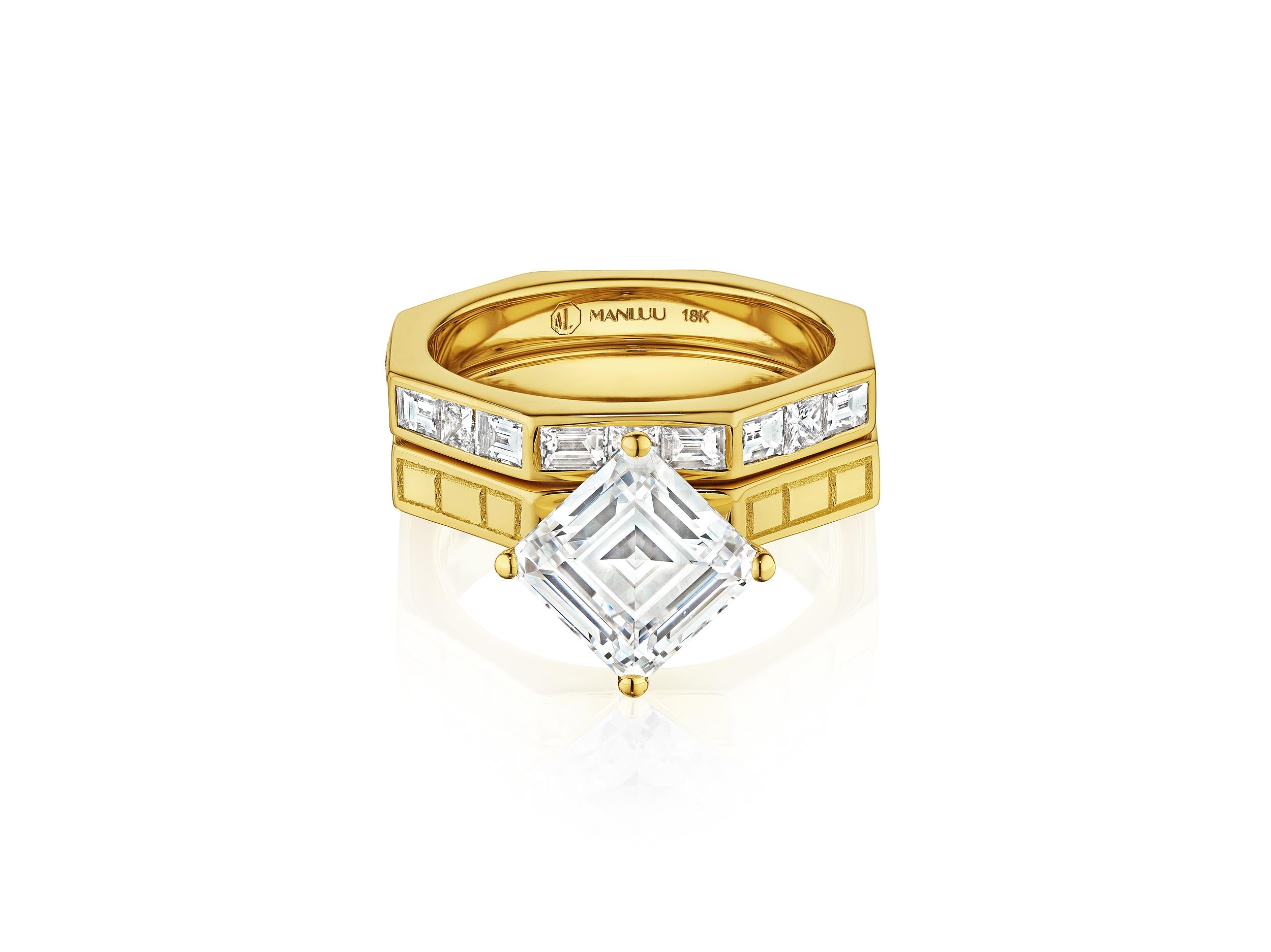 MoAnA LUU Ti engagement rings in 18K yellow gold in a geometric setting with clean architectural lines.