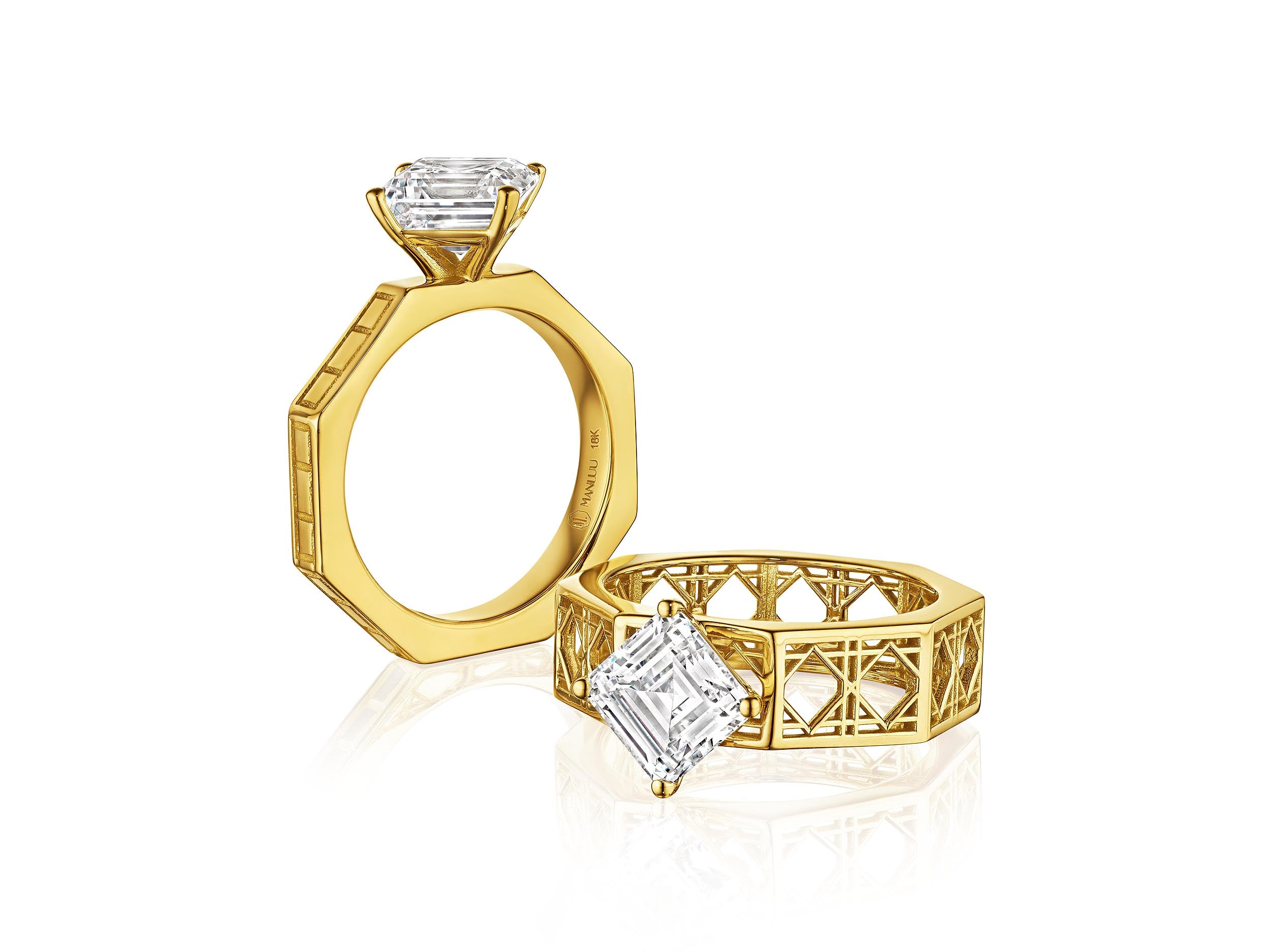 MoAnA LUU Ti engagement ring solitaire  and Doudou solitaire in 18K yellow gold in a geometric setting with clean architectural lines.